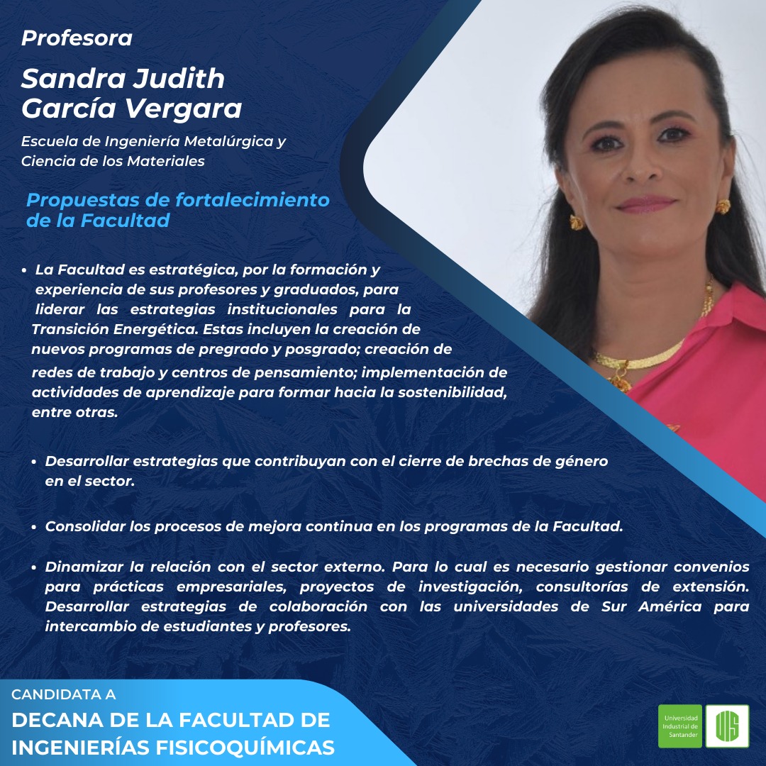 Sandra Judith García Vergara, School of Metallurgical Engineering and Materials Science. Proposals for Strengthening the Faculty. Candidate for dean of the Faculty of Physicochemical Engineering.