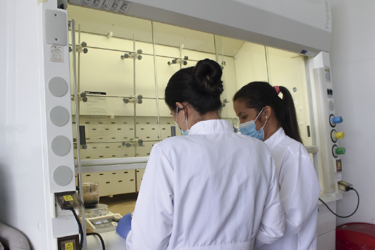 The School of Chemistry invites you to get to know its Atomic and Molecular Spectroscopy Laboratory, which is at the disposal of its students and the educational community. Photo taken at the School of Chemistry, in a general shot where two students appear in the center of the image, with their backs turned, working in the laboratory booth.